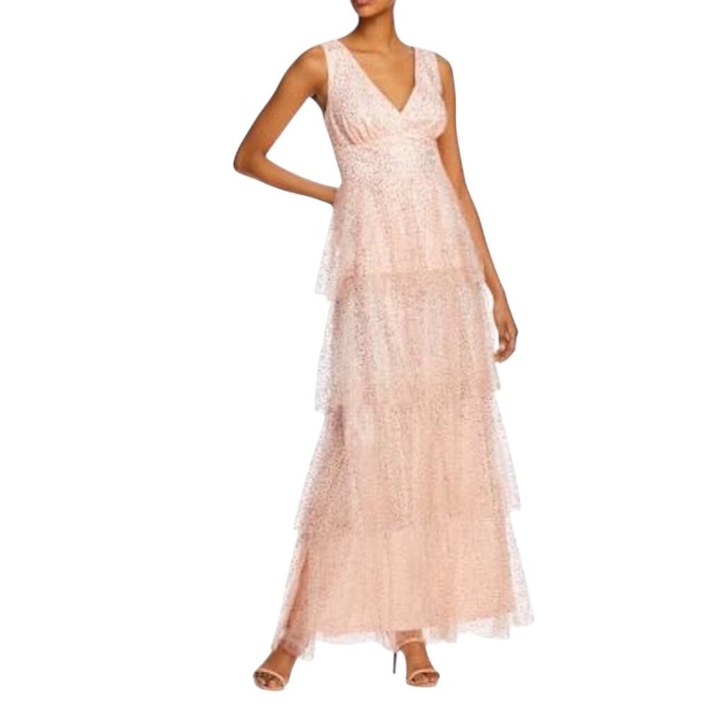 Laundry Shelli Segal Pink Glitter Tiered Tulle Maxi Dress Size 6